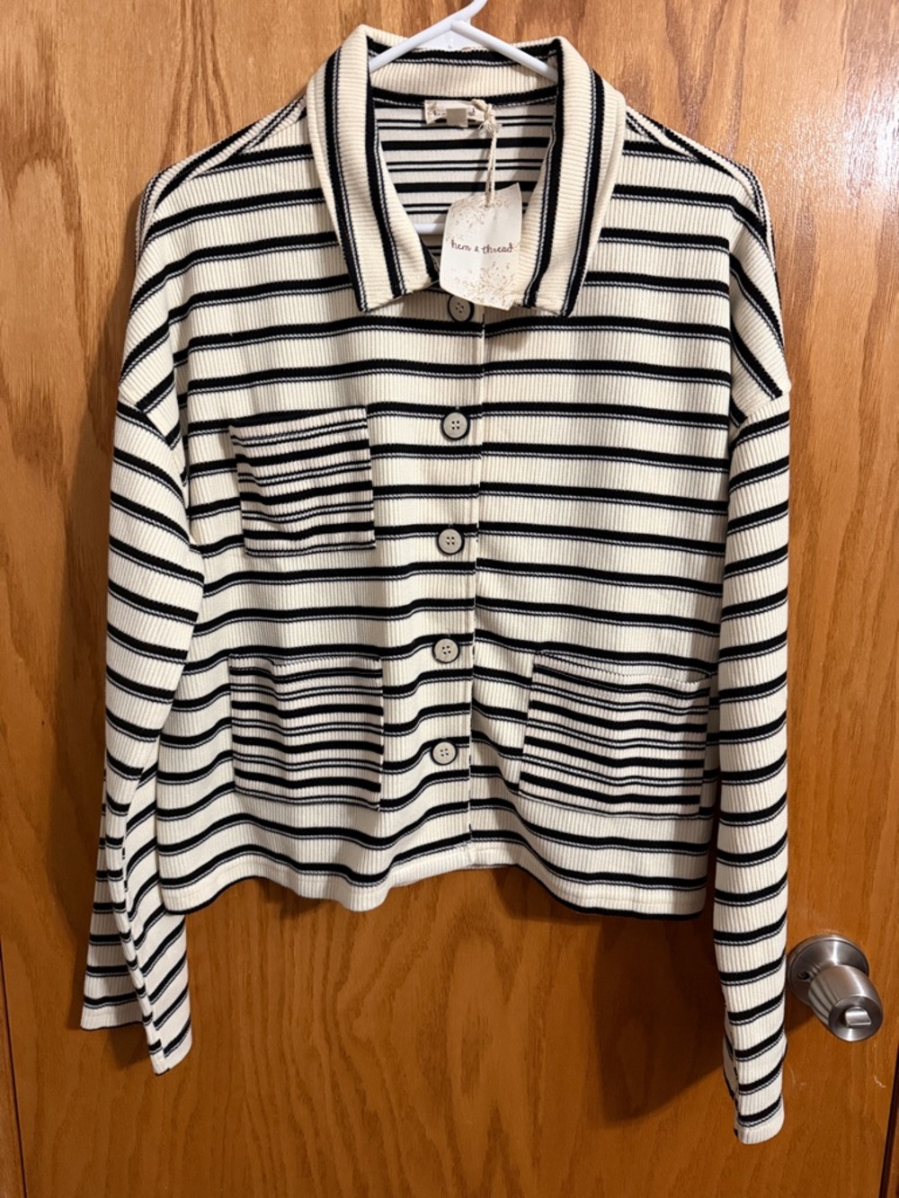 Hem & Thread Cream and Black Striped Button-Up Jacket